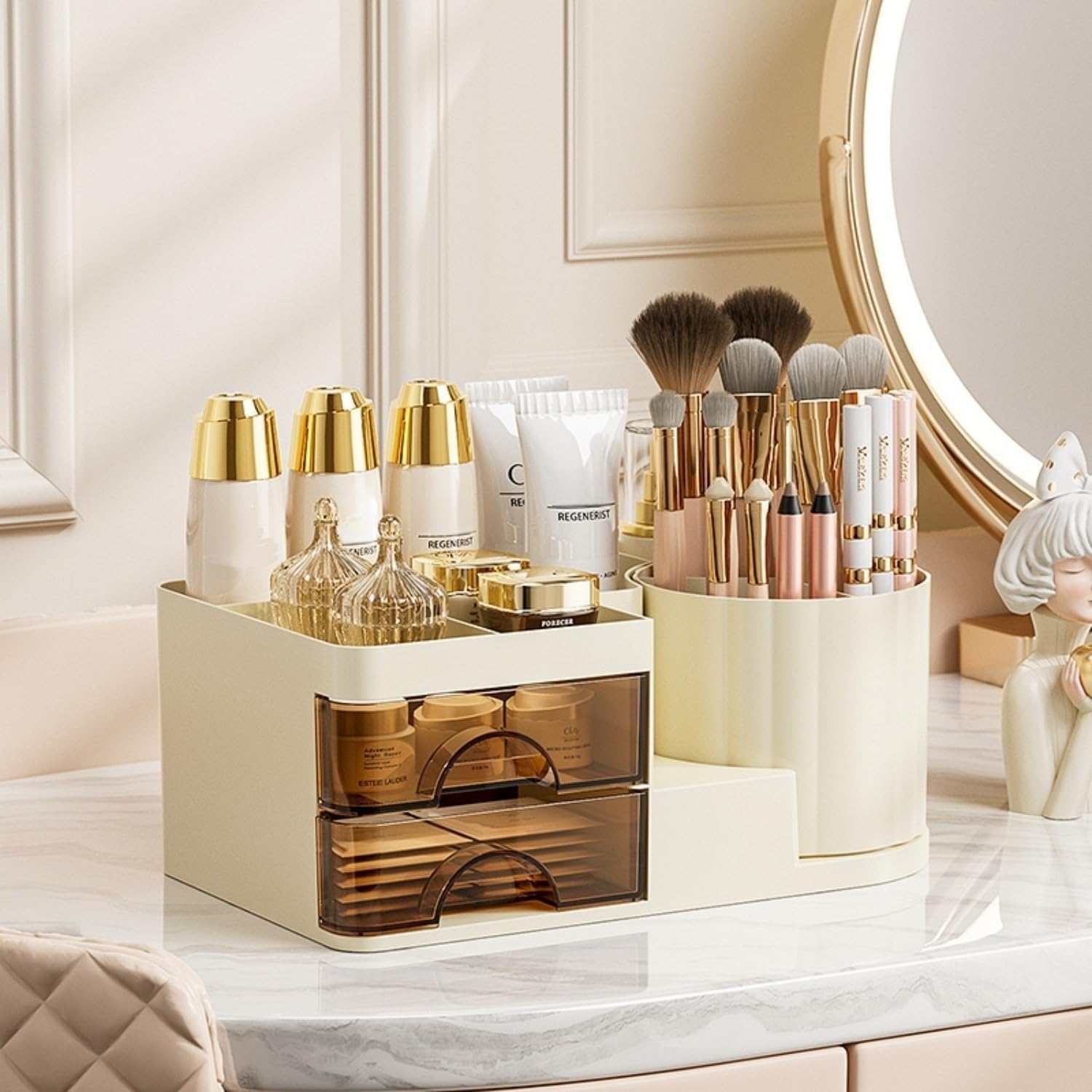 Photo 1 of Makeup Organizer for Vanity with 2 Drawers,Countertop Rotating Makeup Brush Holder,Bathroom Organizer Holder,Cosmetic Display Case for Lipstick,Beauty,Skincare Organizer (Cream)