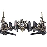 CoTeeZa Fairy Black Crystal Crown - Raw Quartz Tiara Woodland Forest Witch Crown with Deer Branch Elf Headwear for Women Men Cosplay Party Festival Headband Fantasy Renfaire Hairband
