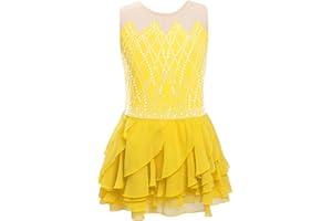 Xroufi Kids Girls Figure Skating Dress Sleeveless Mesh Shiny Rhythmic Gymnastics Skirted Leotard Dance Outfit