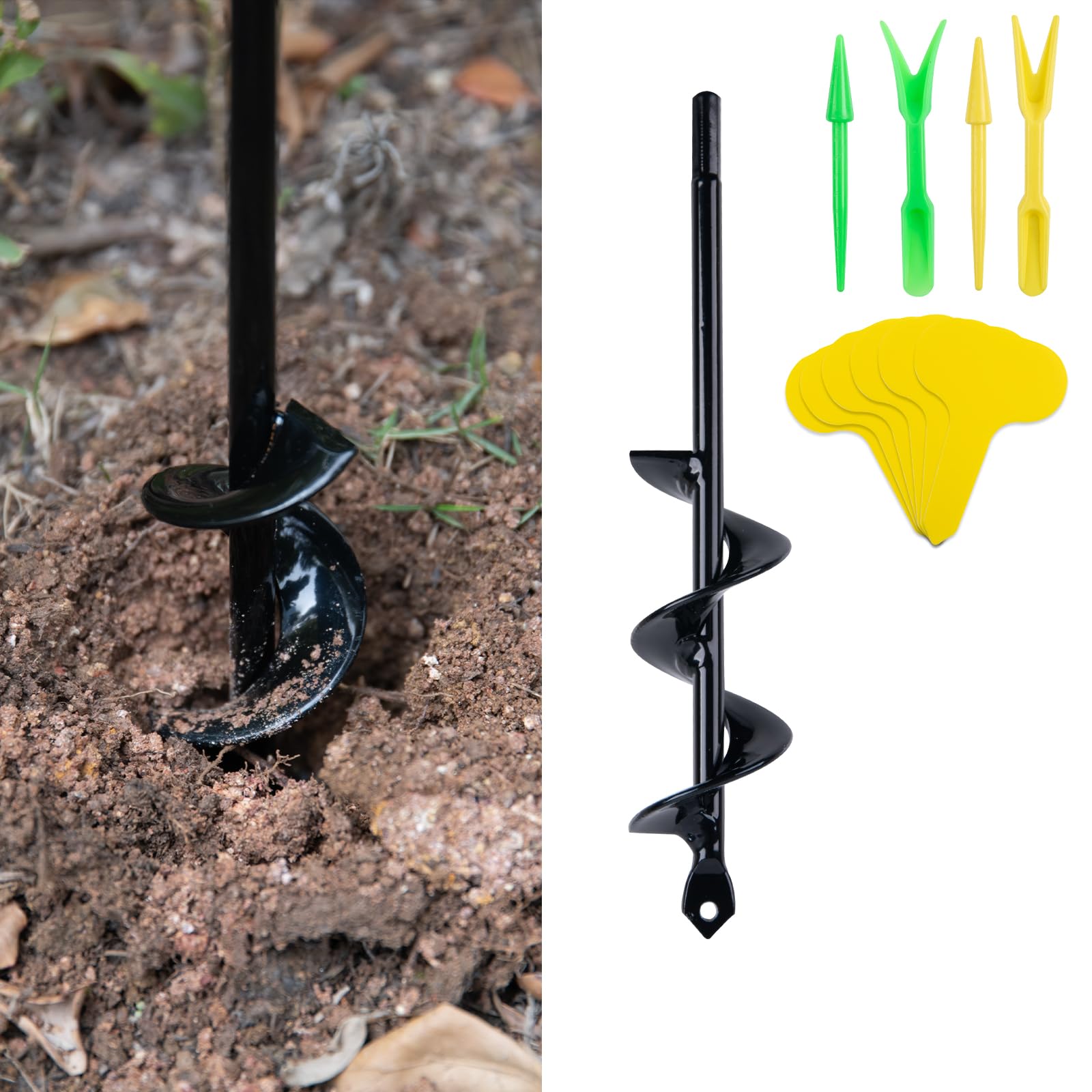 CHANGEMOORE 4x22cm Auger Drill Bit for Planting with 2 Sets of Seedling Tool and 100Pcs Planting Labels, Auger Post Hole Digger with Solid Shaft, Garden Auger Drill Bit for Planting Bulbs Seedlings