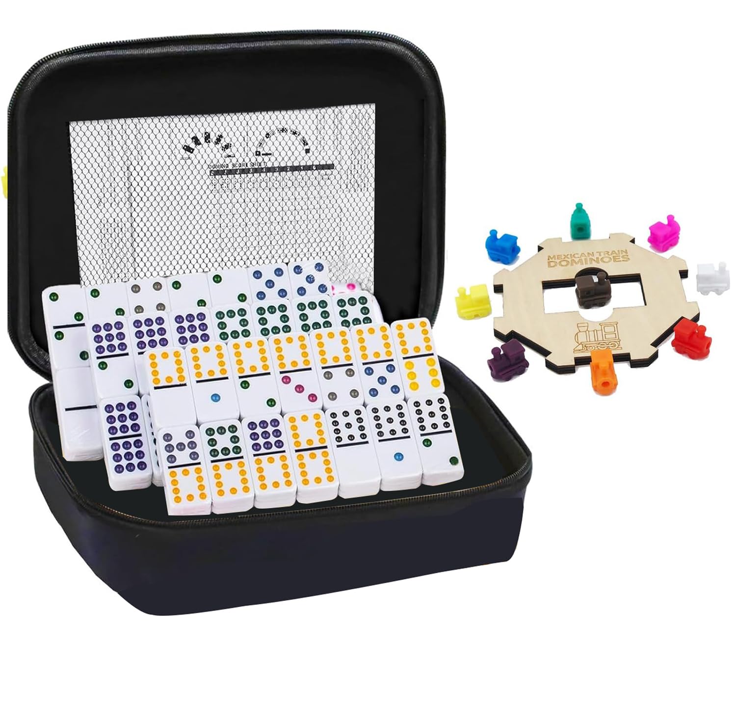 Photo 1 of ESSAJOY Double 12 Mexican Train Dominoes, 91 Tiles Dot Dominoes Games in Portable Case with 9 Trains Instruction Booklet Score Pads and Octagon Shape Hub Family Party Table Games