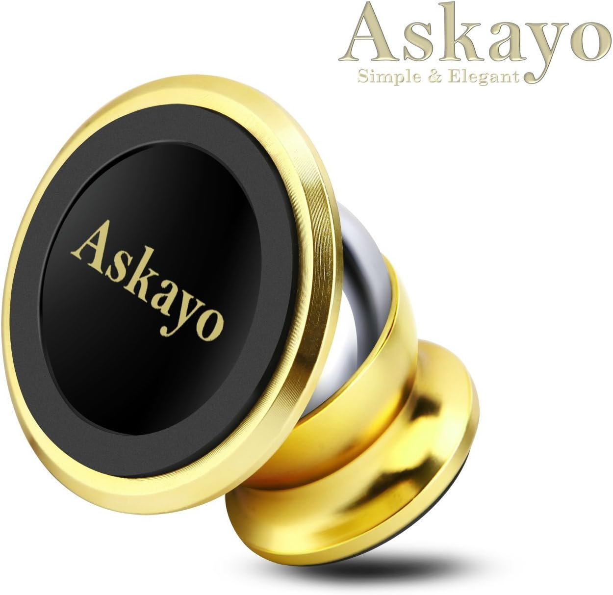 Askayo Mobile Cell Phone Magnetic Holder,Mounts Anywhere-Home/Office/Car,Comes with 5 Metal Stickers for iPhone,Smartphone and More,Adheres to Dashboard/Flat Surface,Rotates 360 Degrees(Gold)