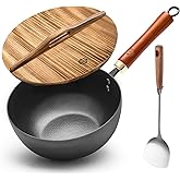 WANGYUANJI Carbon Steel Wok with Lid, 8.7" Small Wok & Stir Fry Pan, Professional Heavy Gauge Flat Bottom for Electric/Induction Stoves, Premium Personal Size Skillet for Solo Cooking (Black)