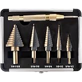 5pcs HSS Titanium-Coated Step Drill Bit Set Tri-Flat Shank 1/8" to 1-3/8" | 50 Sizes Step Drill Bits,with Center Punch &amp; Aluminum Storage Case, for Metal,Aluminum,Wood,Plastic