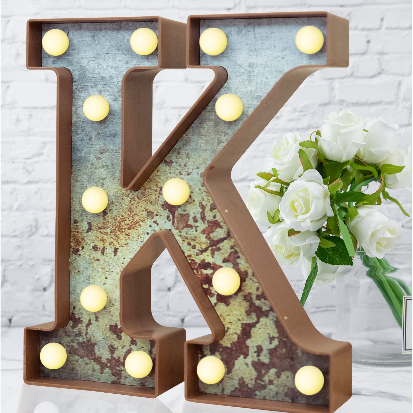 LED Marquee Light Up Letters Industrial Vintage Style Lighted Letters Rust Metal Effect Marquee Letter with Lights Illumination Letter Signs for Christmas Wedding Birthday Party Home Cafe Bar Decor-K