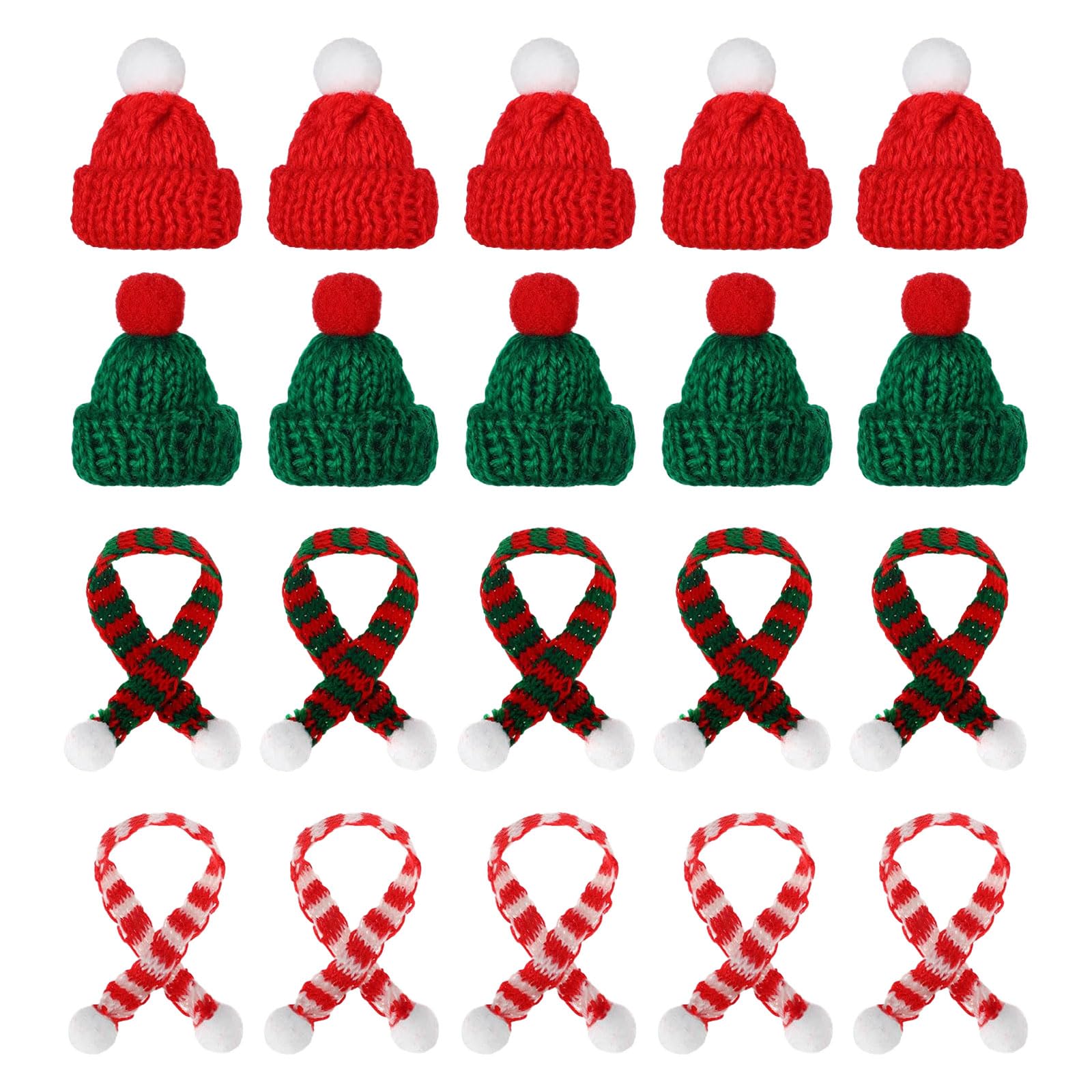 YIAJIA Miniature Christmas Decorations - 20Pcs Mini Santa Hats with Mini Christmas Scarf, Mini Knitting Doll Hat Scarf Santa Knit Hat Scarf Christmas Ornaments for DIY Craft Art Doll Decor