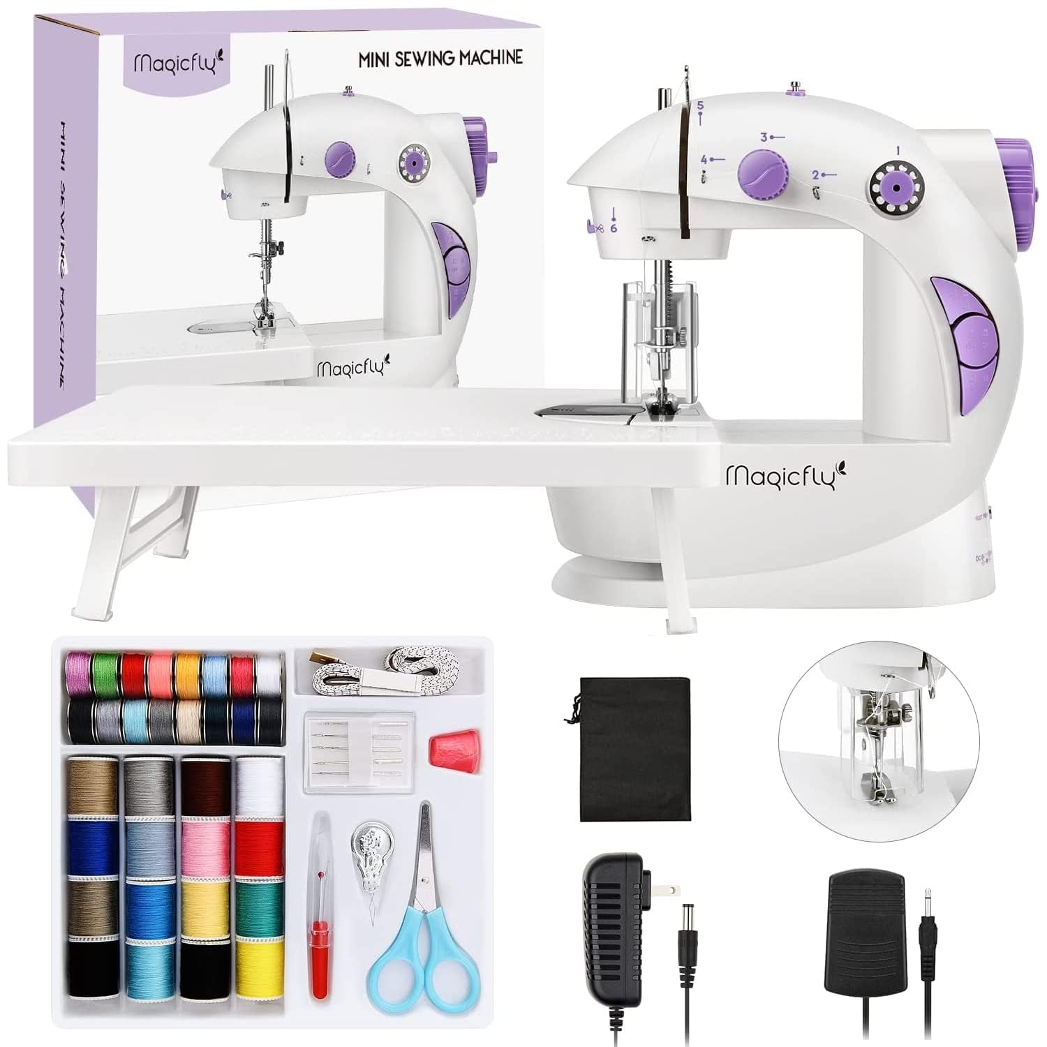 Photo 1 of *USED/INCOMPLETE** Magicfly Mini Sewing Machine with Extension Table, Dual Speed Portable Sewing Machine for Beginners with Light, Sewing Kit for Household Use, White