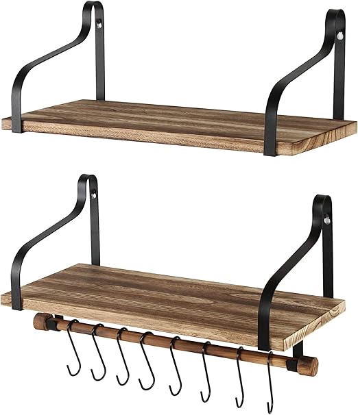 Amazon Co Jp Hofferruffer ウォールラック 木製 ウォールシェルフ 壁掛け棚 ネジ付き 飾り棚 収納棚 オシャレ 壁面収納 S字フック付き オープンシェルフ 鉄製 ワイヤー壁棚 2点セット ホーム キッチン