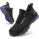 SPIEZ Women‘s Safety Shoes Lightweight - Non Slip Composite Toe Work Shoes with Air Cushion, Slip on Fashion Sneakers for Woman Daily Wear with Arch Support Insole, Black Purple US 5-9.5