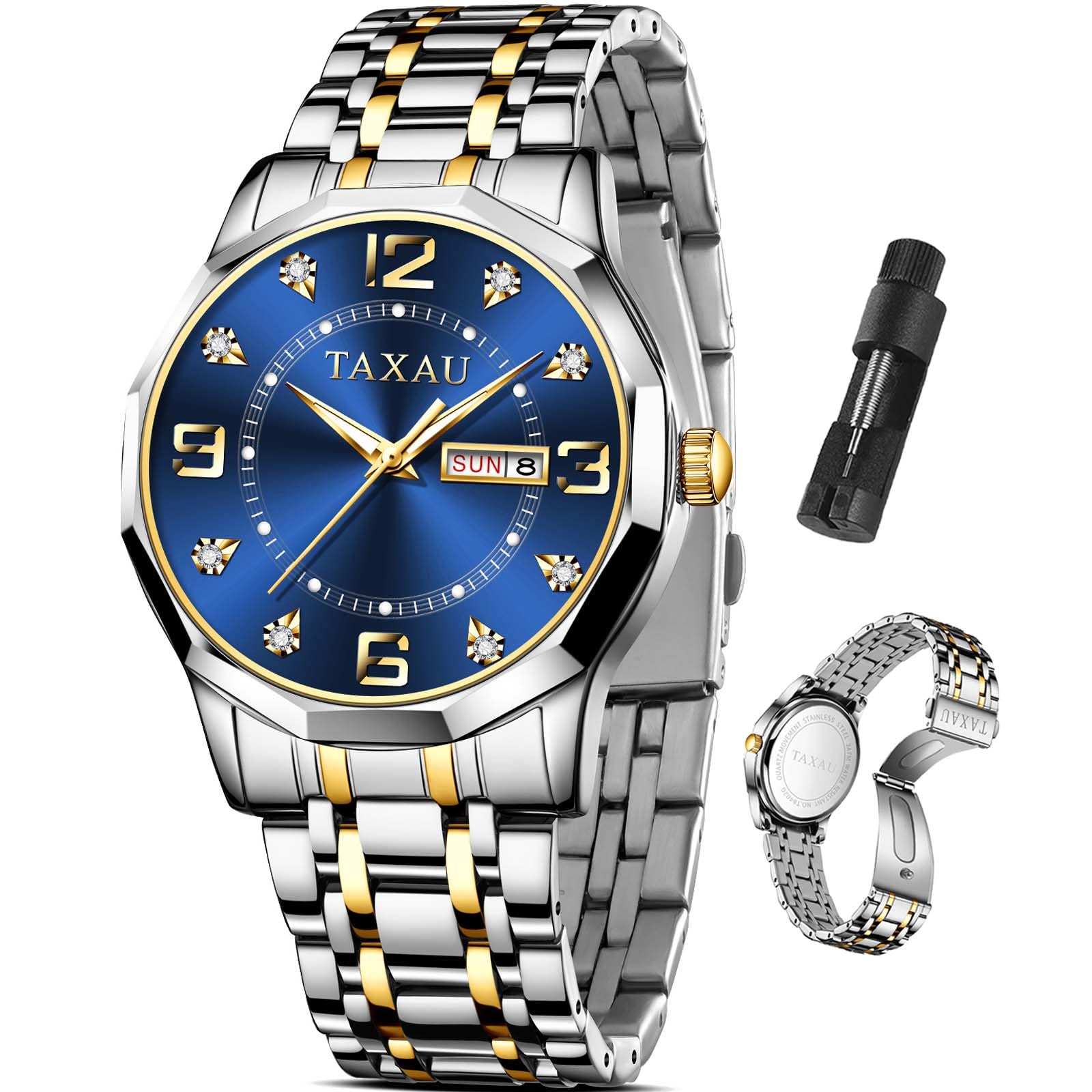 Taxau Men's Watches Stainless Steel Men's Watches Business Quartz Watches Men's Watch Classic Date Watches Luminous Waterproof Watch Men's Reloj para Hombre (Blue/Black/Grey/White Dial)