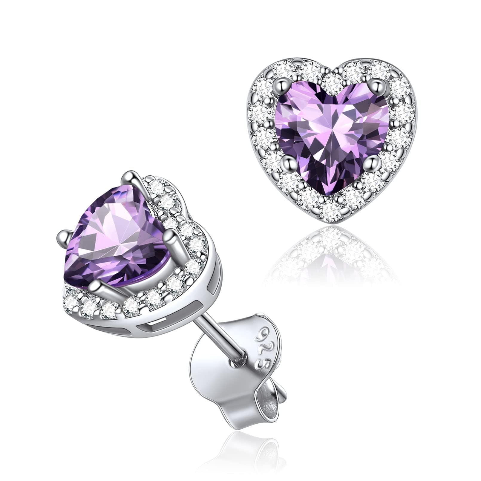 ChicSilver Sterling Silver Earrings Womens 925 Silver Heart Shaped Amethyst Birthstone Stud Earring February Jewellery Gifts for Ladies