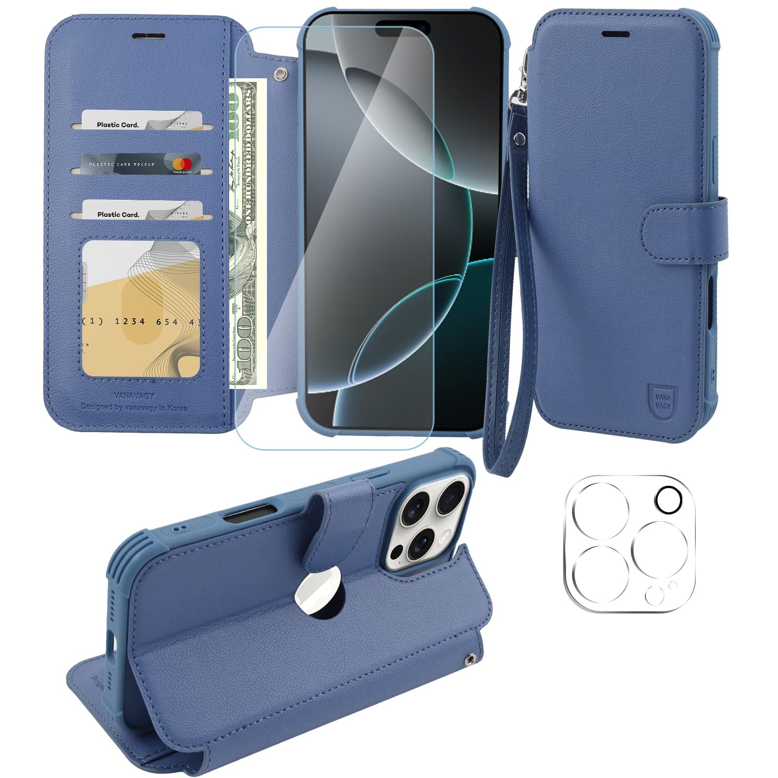 Photo 1 of VANAVAGY Compatible for iPhone 16 Pro Wallet Case,RFID Flip Leather Cover with Wrist Supports Wireless Charging with Card Holder,[Glass Screen Protector & Camera Cover],Blue