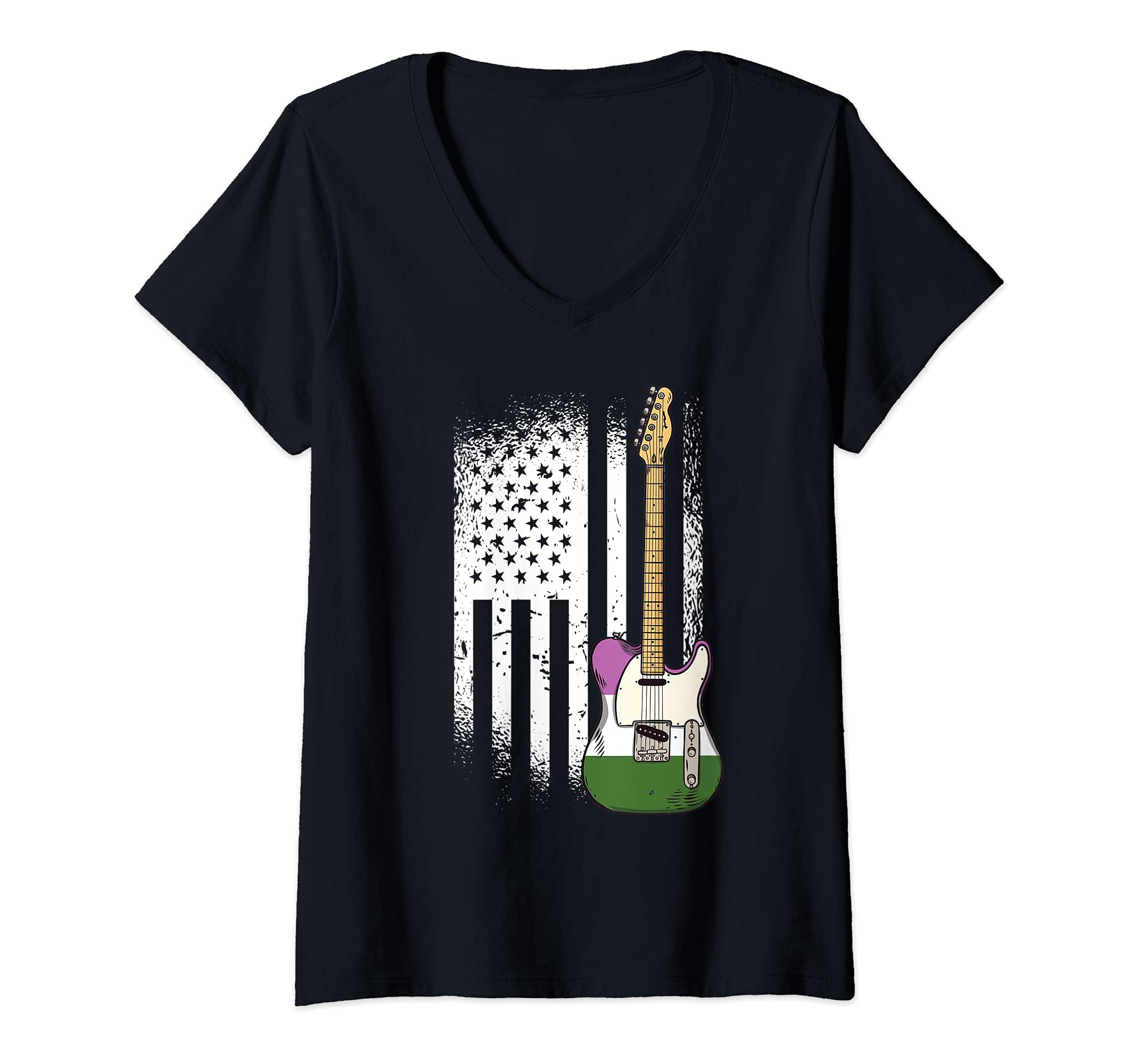 Womens American Flag Guitar Gender-queer Pride LGBTQ Ally Guitarist V-Neck T-Shirt