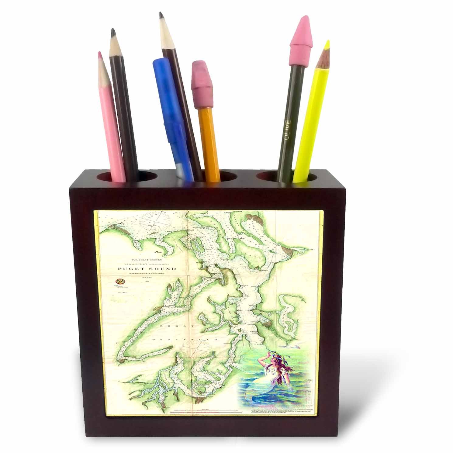 3dRose ph_214252_1 5-Inch "Print of Vintage Nautical Puget Sound Map" Tile Pen Holder