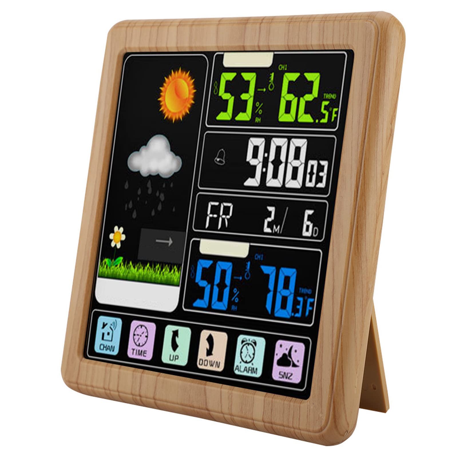 Wireless Weather Station with Alarm Clock, Digital Indoor Outdoor Thermometer Hygrometer Humidity Gauge with Weather Icons, Weather Forecast, Time Display(Brown)