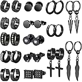 KWUNCCI Men's Earrings, 15 Pairs Hoop, Surgical Stainless Steel, Black Cross Dangle Hoop Earrings Set