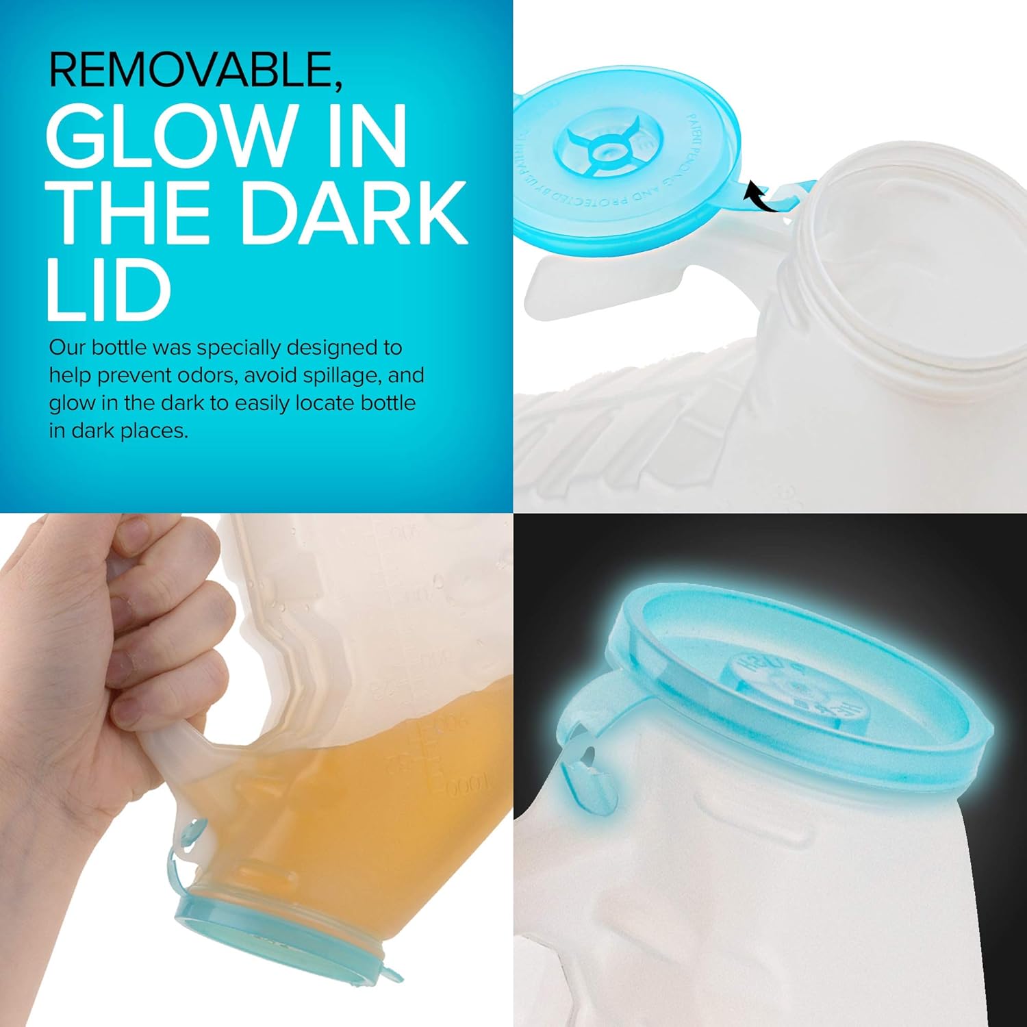 Male Urinal with Glow in The Dark Lid (2 Bottles) 32 Oz Urine Bottles for Men - Pee Bottles for Hospitals, Emergency and Travel: Health & Personal Care