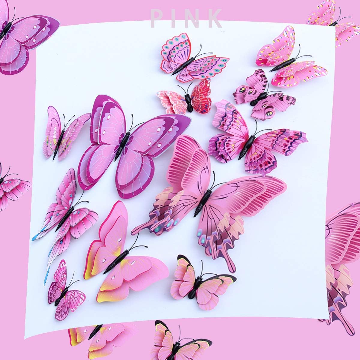 Asmoda Mixed of 12PCS 3D Pink Butterfly Wall Decals Removable DIY Home