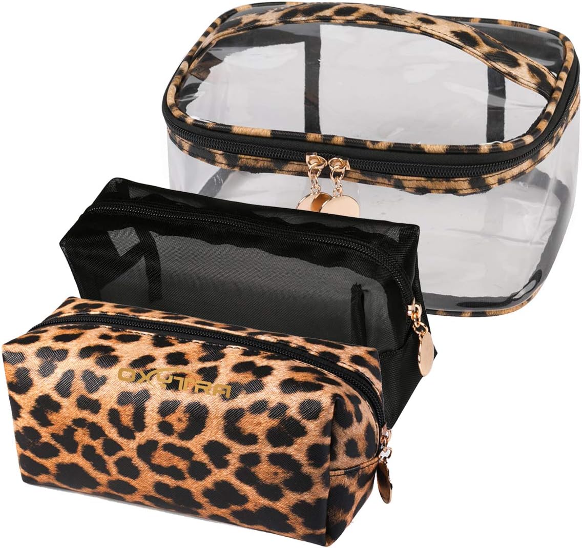 3Pcs Makeup Bag Set Travel Portable Cosmetic Bag - Clear & Leopard Print Pouch Waterproof Organizer Multifunction Case (3in1 Leopard Print)