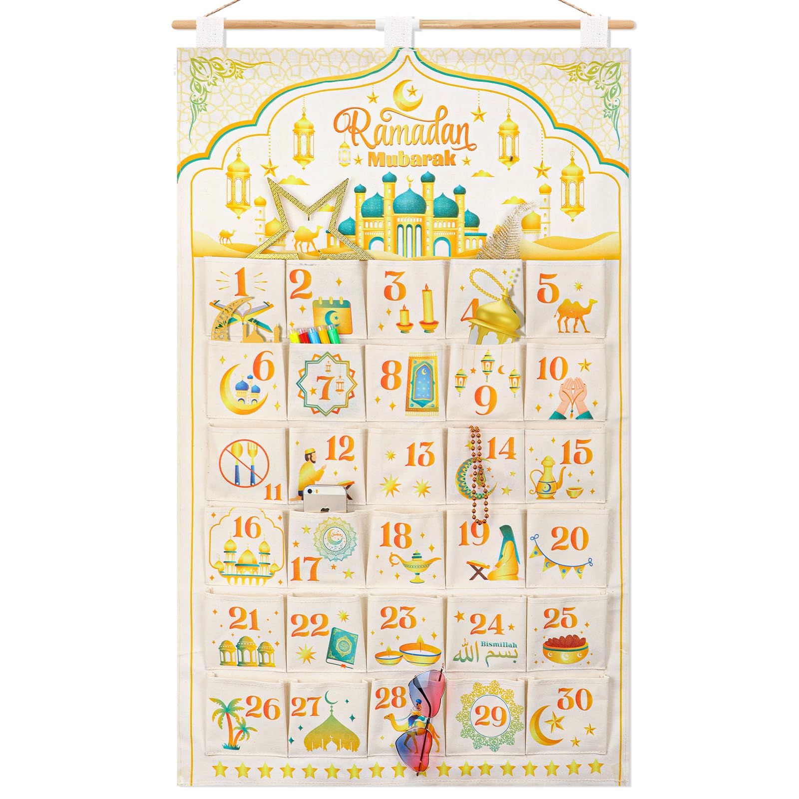 DPKOW Ramadan 30 Advent Calendar for Filling, Ramadan Hanging Advent Calendar for Wall Door Decoration Ramadan Mubarak Calendar Fill Yourself with 30 Pockets, Eid Countdown Calendar Gift Supplies