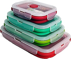 ALANIO G&G Silicone Food Storage Containers Collapsible Lunch Box Set of 4 Rectangle Microwave Foldable, BPA Free, Reusable Leak Proof, Dishwasher and Freezer Safe - Cluttered Free Cabinet!