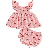 Doqcey Infant Baby Girl Valentines Day Outfit Heart Flutter Sleeve Smocked Tops Bloomers Shorts Set 2Pcs Cotton Linen Clothes