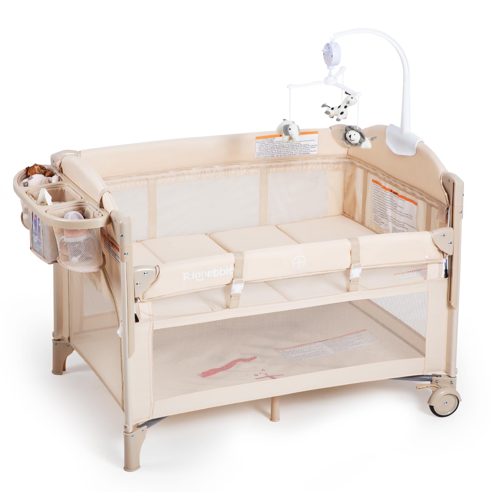 Photo 1 of Rinnebbit Baby Bassinets Bedside Sleeper, 4 in 1 Portable Bedside Crib w/Mattress, Diaper Changer, Storage Basket, Music Box, Carry Bag, Foldable Playard Sleeper for Newborn (Beige)