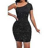 RuoRayVan Women's Summer One Shoulder Straps Ruched Sparkly Sequin Short Sleeve Bodycon Sexy Club Party Mini Dress
