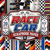 Race Car Scrapbook Paper: 8.5" x 8.5" 20 Double-Sided Sheet 20 Designs Decorative Craft Paper with Checkered Flags, Tire Tracks, Racing Stripes, ... Card Making, Decoupage, Origami &amp; Collage