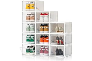 CKHXR Upgraded X-Large 12 Pack Clear Shoe Storage Organizer,Stackable Shoe Rack for Closet,Plastic Shoe Boxes with Magnetic Door,Shoe Containers For Sneaker Display,Fit up to US Size13 (White, 12 Pack)