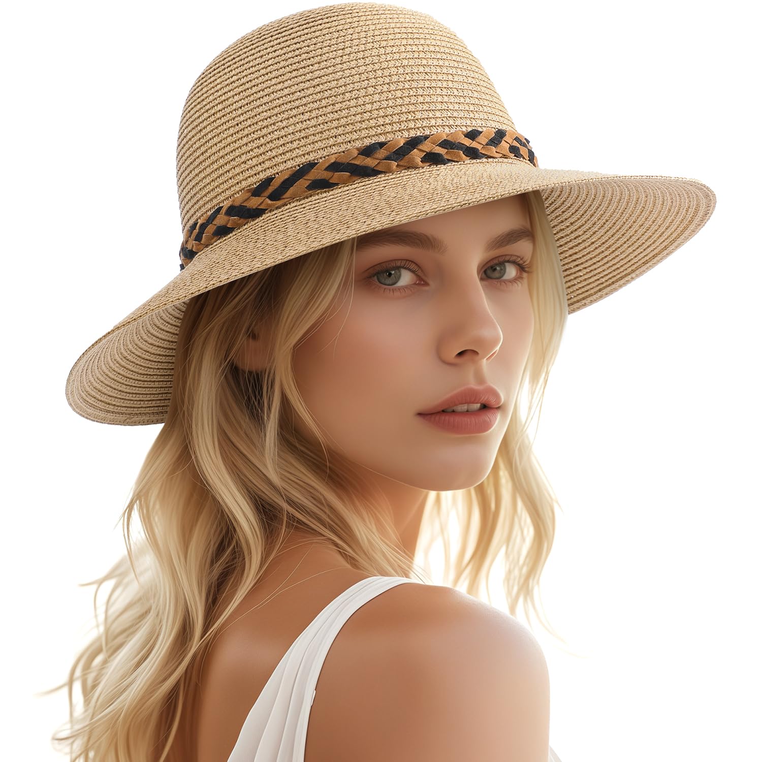 Photo 1 of LEVOTIYER Beach Hats for Women, Wide Brim Sun Straw Hat for Women, UV Protection UPF 50+ Sun Hats, Collapsible Roll up Cap Beige