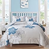 Menghomeus Floral Comforter Set Queen 3 Piece Blue Floral Pattern Printed on Grey Soft Microfiber Bedding Set Lightweight Bed Comforter Set for All Season (1 Comforter, 2 Pillowcases)