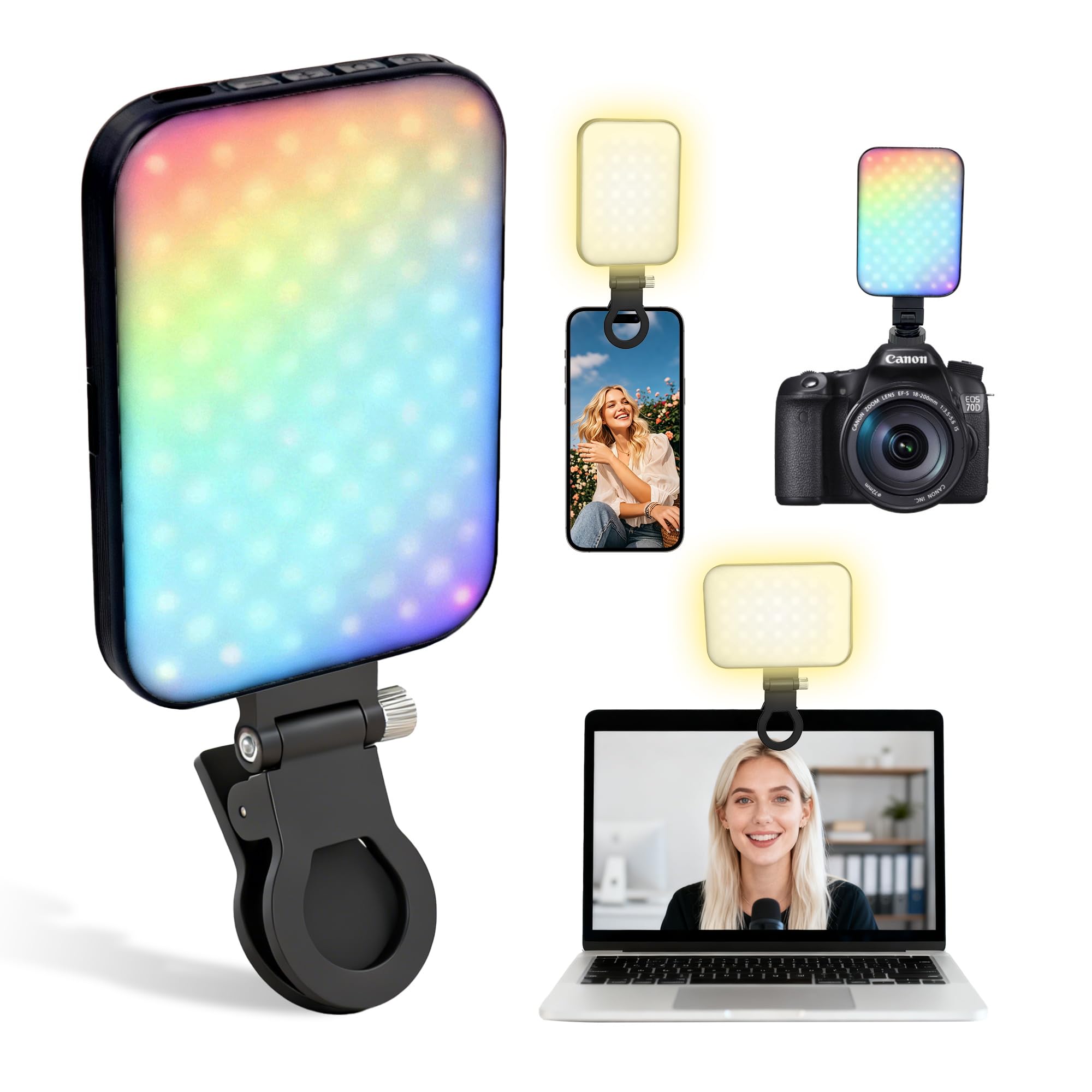 RGB Selfie Light for iPhone, Portable Phone Light Clip with 4 Light Modes & 10 Brightness Levels, Rechargeable 3000mAh Selfie Light for Phone, TikTok, Makeup, Zoom
