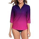 Halcurt Women's 3/4 Sleeve Rash Guard Swimsuit Top High Neck Half Zip Swim Shirt Only UPF50+ Quick Dry Bathing Suit