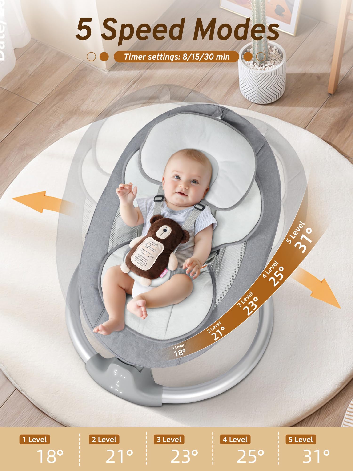 BIUSIKAN Baby Swings for Infants, Electric Baby Swing with Lullabies, Bluetooth, Remote Control, Infant Swing with 3 Seat Positions for Baby Boy Girl, Portable Baby Swing, Grey