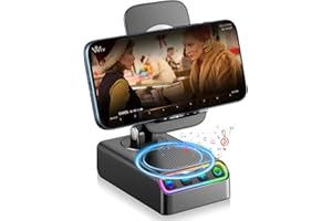 Hupoaf Adjustable Cell Phone Stand with Wireless Induction Bluetooth Speaker, HD Surround Sound for Home and Outdoors, Compatible with iPhone/iPad/Samsung Galaxy, Popular Gifts for Men Women Dad Mom