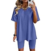 AGSEEM Two Piece Outfits For Women Summer V Neck T-Shirt Tops Biker Shorts Workout Sports Tracksuit