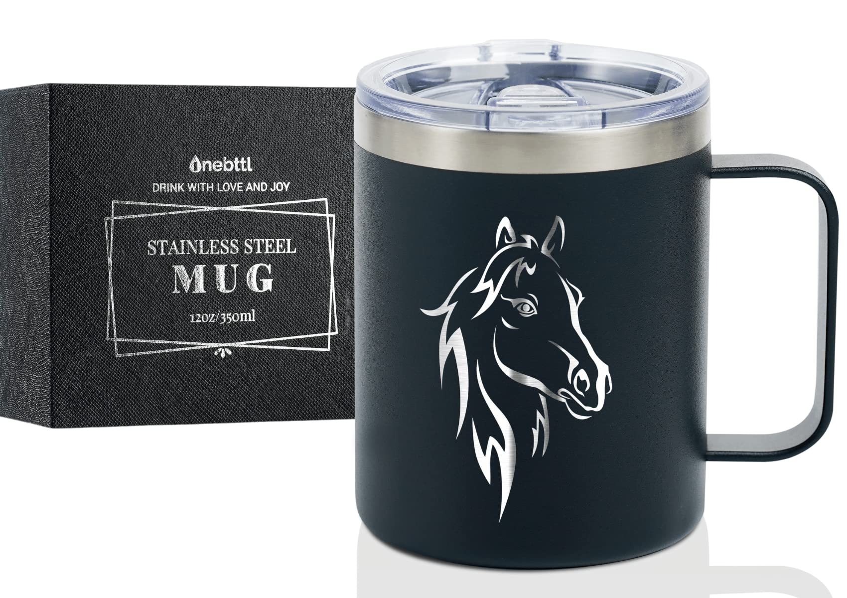 Onebttl Horse Gifts for Girls, Women, Horse Lovers, Insulated Stainless Steel Coffee Mug with Lid and Handle, Equestrians Gifts for Birthday, Christmas, 350ml, Black