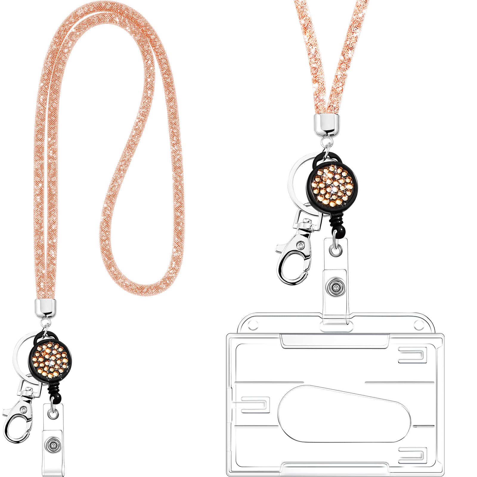Card Holder with Lanyard, Crystal Lanyard Necklace with Transparent ID Card Holder Keyring, Bling Rhinestone Crystal Lanyard Clear Badge Holders Neck Strap for Keys ID Badge (Champagne Gold)