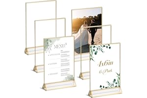 UNIQOOO Acrylic Sign Holders with Golden Border, Portrait View, Pack of 6 | 4x6 Inches Double Sided Clear Frame, Perfect for Wedding reception, Centerpiece, Decoration, Party,Anniversary, Event