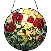 Rose Floral Stained Glass Sun Catcher Window Hanging,Handmade Suncatcher Window Art for Home Decor and Garden,Romantic Gift for Her, Wife or Mom