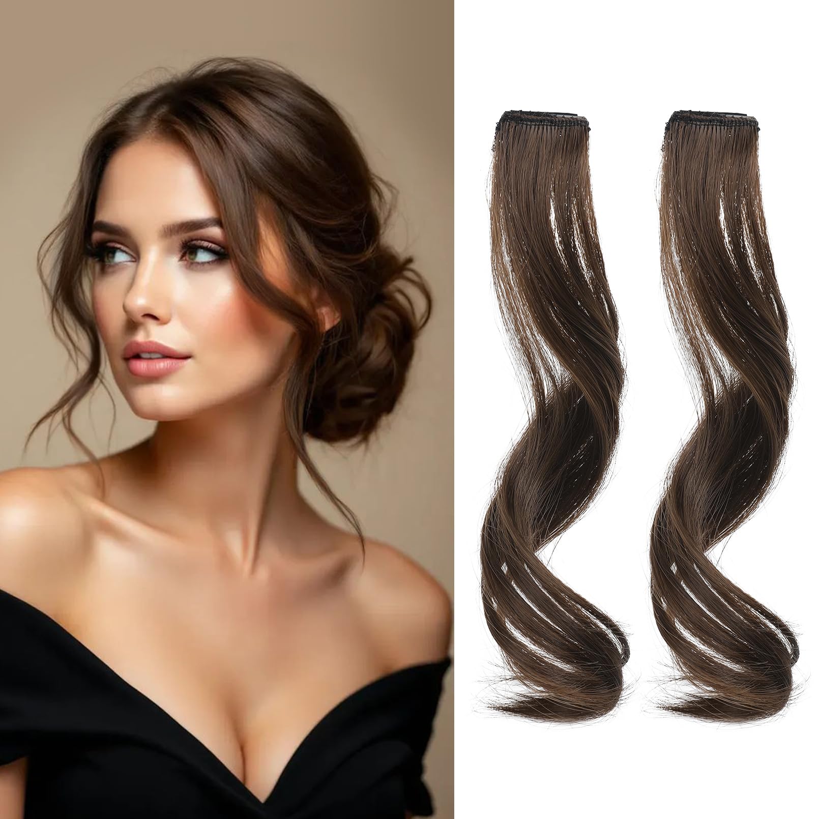 Photo 1 of REECHO Long Side Air Bangs, Wavy Curly Clip in Curtain Bangs Front Side Bangs Face-Framing Highlights for Women Daily Use 2 PCS Set Long Temples-Light Chocolate Brown