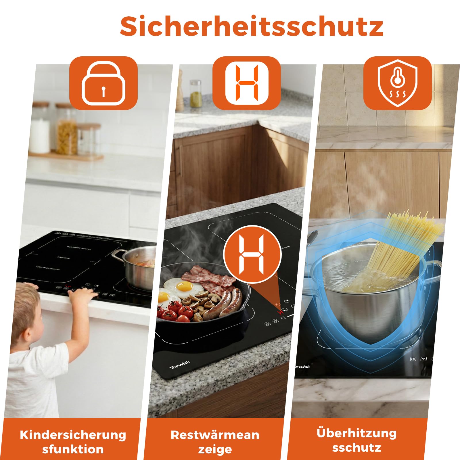 Topwish Induktionskochfeld 4 platten mit Flexzonen, Induktionskochfeld einbau 60cm,herdplatte 4 kochfelder mit Boost-Funktion, Timer, Kindersicherung, Überhitzungsschutz und Warmhalten,7200W 5