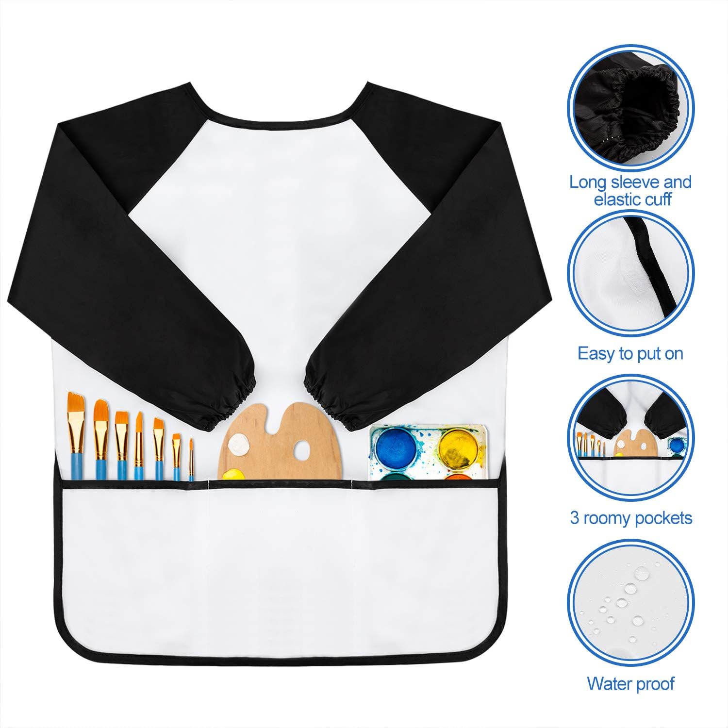 GODR7OY Kids Art Smocks, Painting Apron Artist Smock with Sleeve and 3 Pockets 2 Pack Black/White Set for Age 10-14 Years (Large) - Image 4
