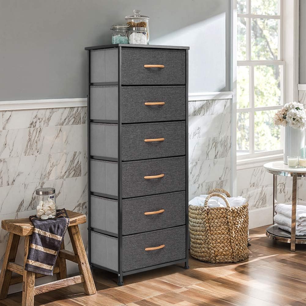 Crestlive Products Vertical Dresser Storage Tower - Sturdy Steel Frame, Wood Top, Easy Pull Fabric Bins, Wood Handles - Organizer Unit for Bedroom, Hallway, Entryway, Closets - 6 Drawers (Gray): Home Improvement