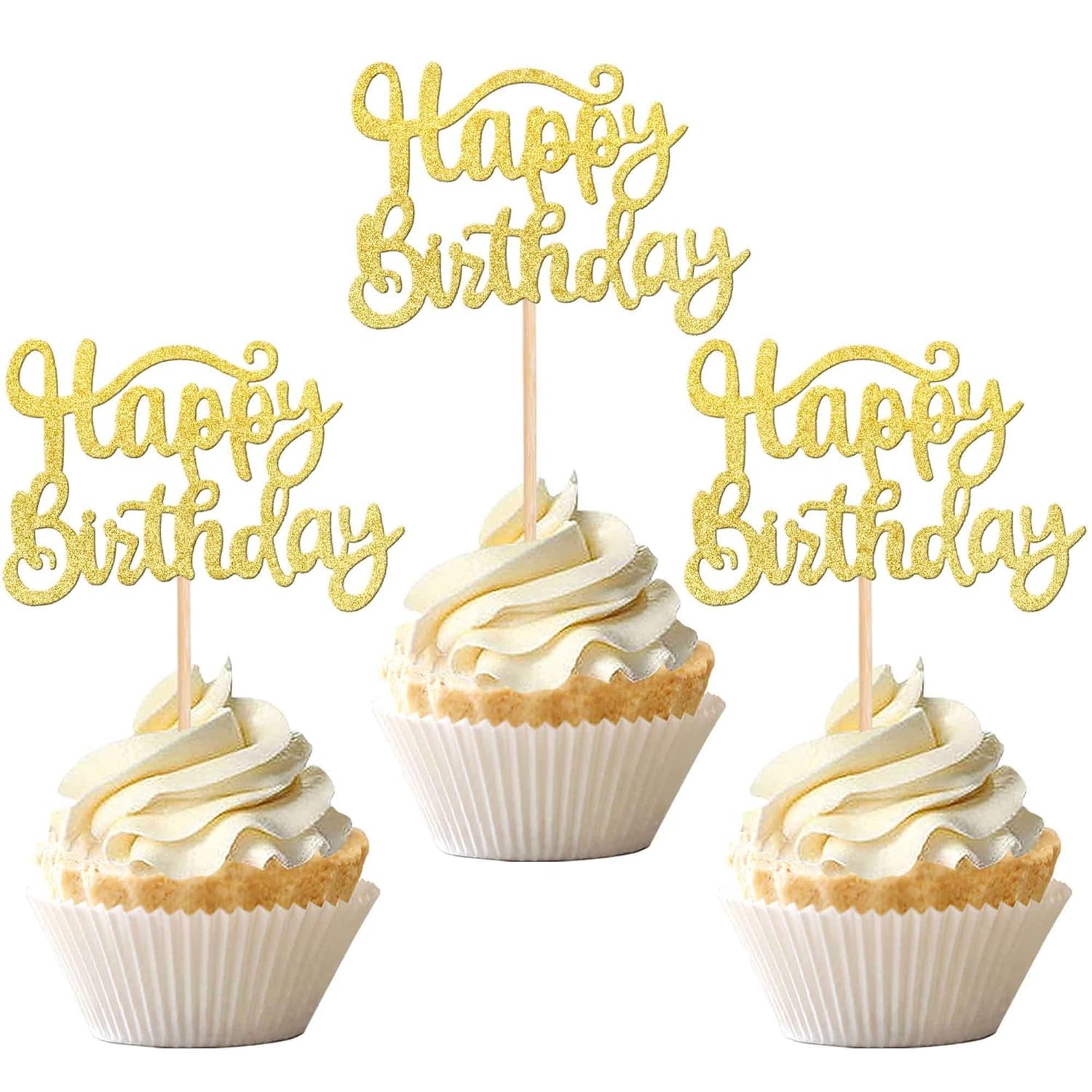 SYKYCTCY 36 Pack Happy Birthday Cupcake Toppers Glitter Celebrating Cupcake Picks Baby Shower Kids Anniversary Party Cake Decorations Supplies Gold