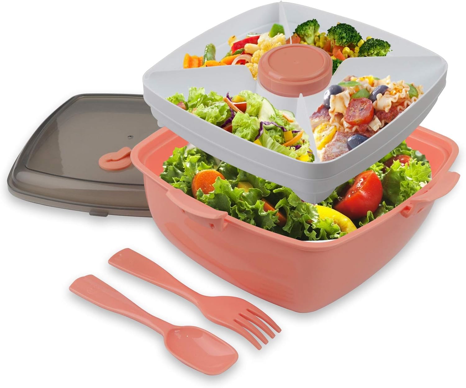 Salad Lunch Container - Toursion Large 51-oz Salad Bowl with Removable 4-Compartment Bento-Style Tray, 2-oz Sauce Container for Dressings, Microwaveable, BPA-Free, and Built-in Reusable Fork Spoon