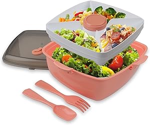 Salad Lunch Container - Toursion Large 51-oz Salad Bowl with Removable 4-Compartment Bento-Style Tray, 2-oz Sauce Container for Dressings, Microwaveable, BPA-Free, and Built-in Reusable Fork Spoon