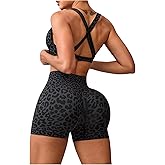 SHENHE Women's Leopard Workout Set 2 Piece Twist Front Cross Back Sports Bra Biker Shorts Set