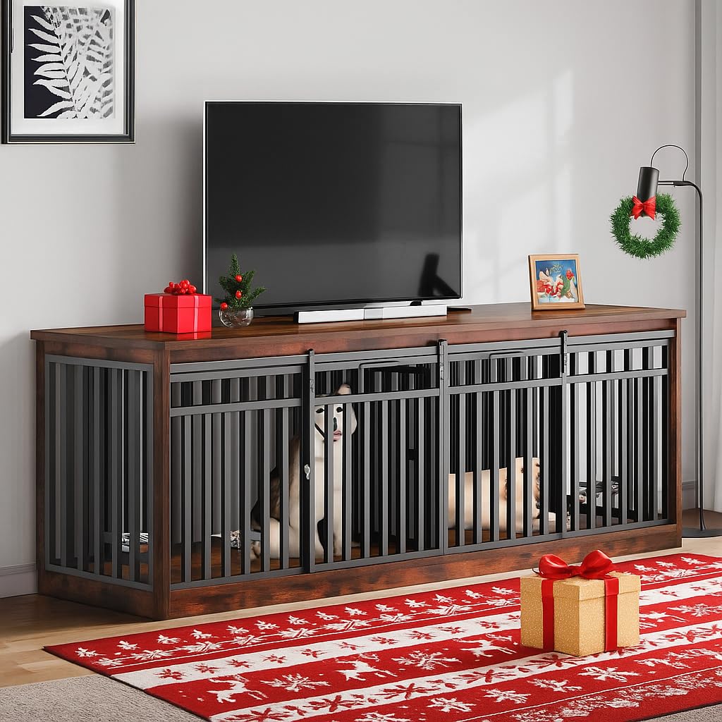 Photo 1 of DWVO 86.6" Double Dog Crate Furniture for 2 Large Dogs, Heavy Duty Metal Dual Dog Kennel TV Stand Sliding Doors, Wooden Two Dog Cage Table with Dog Bowl for Extra Large Dogs, Rustic Brown